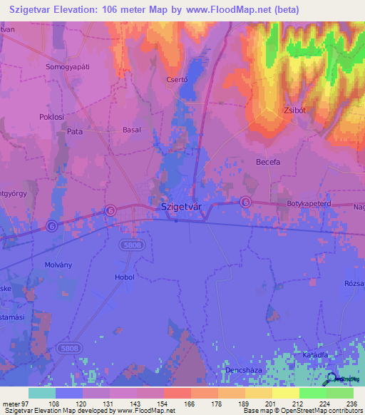 Szigetvar,Hungary Elevation Map
