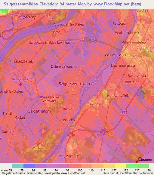 Szigetszentmiklos,Hungary Elevation Map