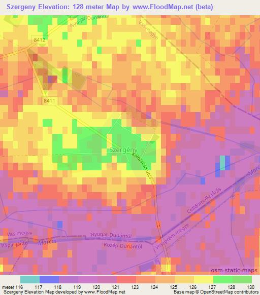 Szergeny,Hungary Elevation Map