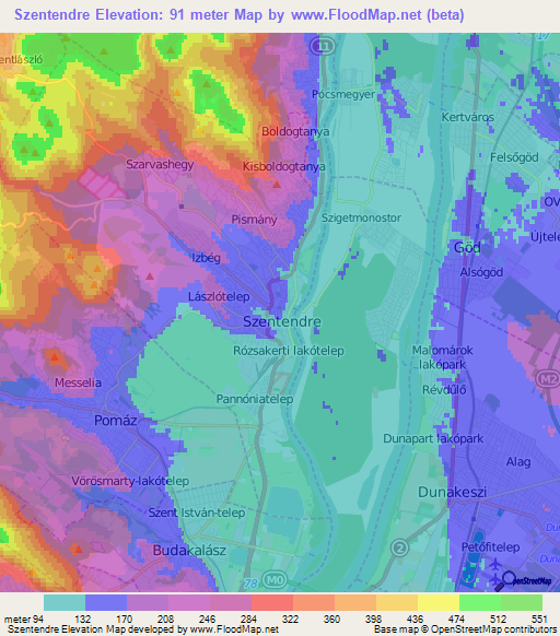 Szentendre,Hungary Elevation Map