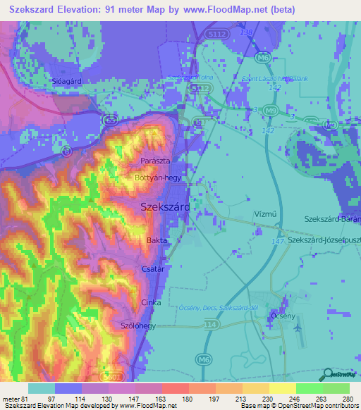 Szekszard,Hungary Elevation Map