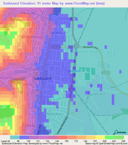 Szekszard,Hungary Elevation Map