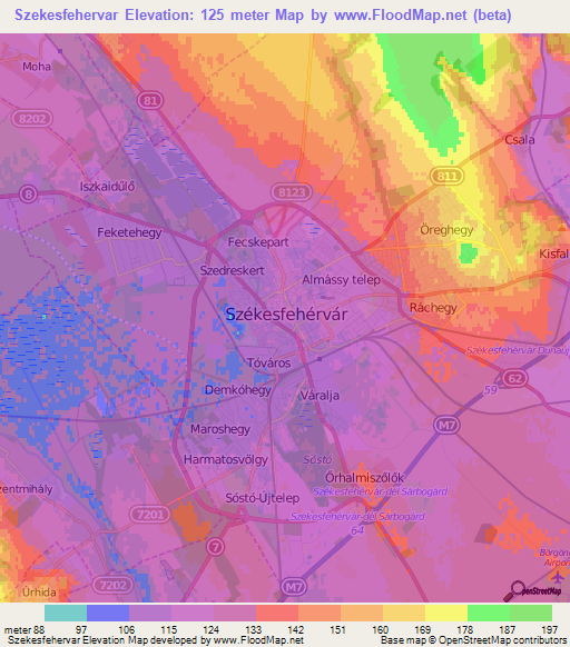 Szekesfehervar,Hungary Elevation Map