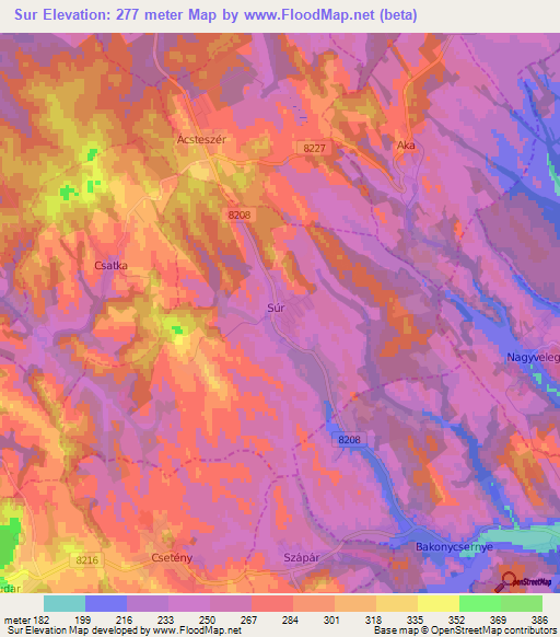 Sur,Hungary Elevation Map