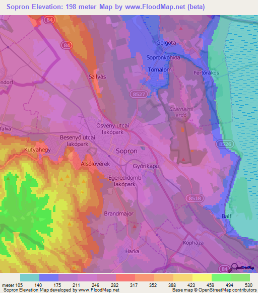 Sopron,Hungary Elevation Map