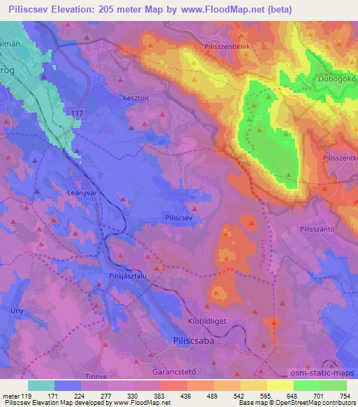 Piliscsev,Hungary Elevation Map