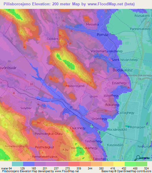 Pilisborosjeno,Hungary Elevation Map