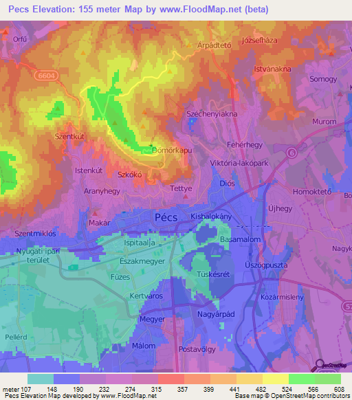Pecs,Hungary Elevation Map