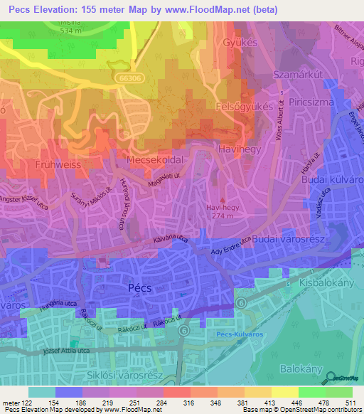 Pecs,Hungary Elevation Map