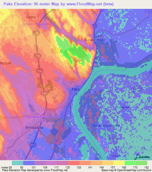 Paks,Hungary Elevation Map