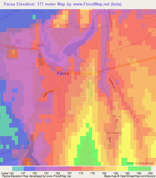 Pacsa,Hungary Elevation Map
