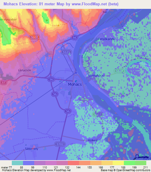 Mohacs,Hungary Elevation Map