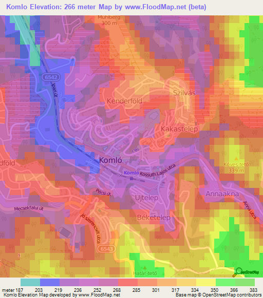 Komlo,Hungary Elevation Map