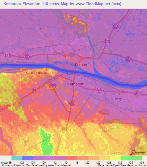 Komarom,Hungary Elevation Map