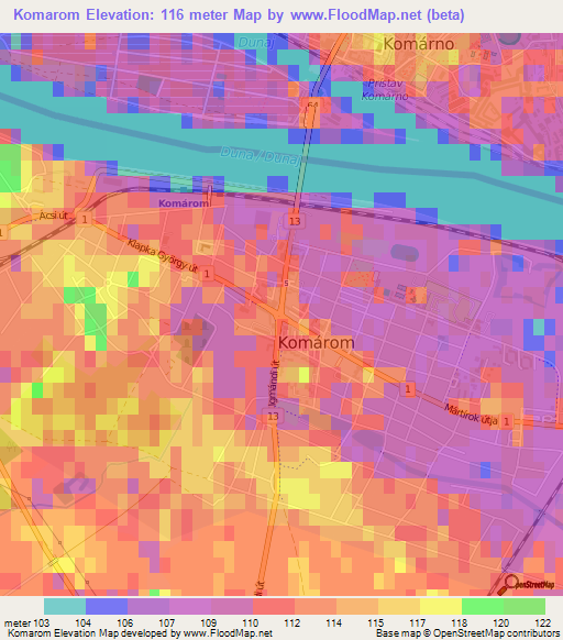 Komarom,Hungary Elevation Map