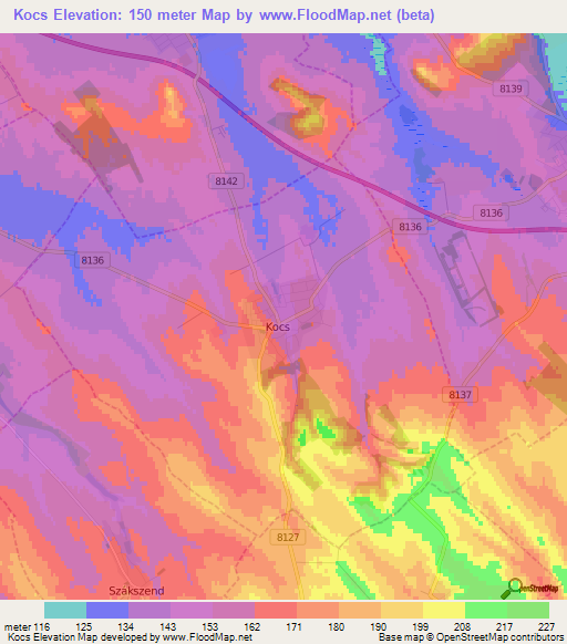 Kocs,Hungary Elevation Map