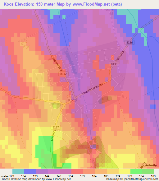 Kocs,Hungary Elevation Map