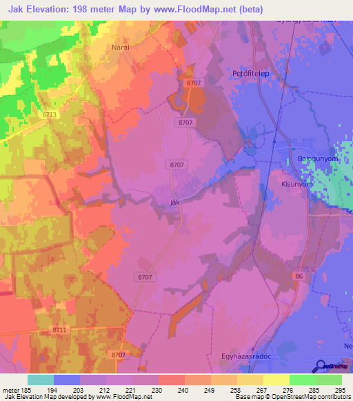Jak,Hungary Elevation Map