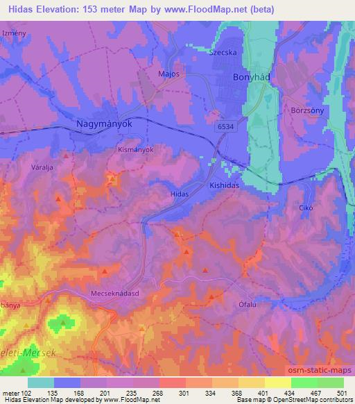 Hidas,Hungary Elevation Map