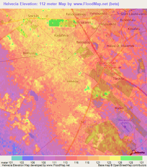 Helvecia,Hungary Elevation Map