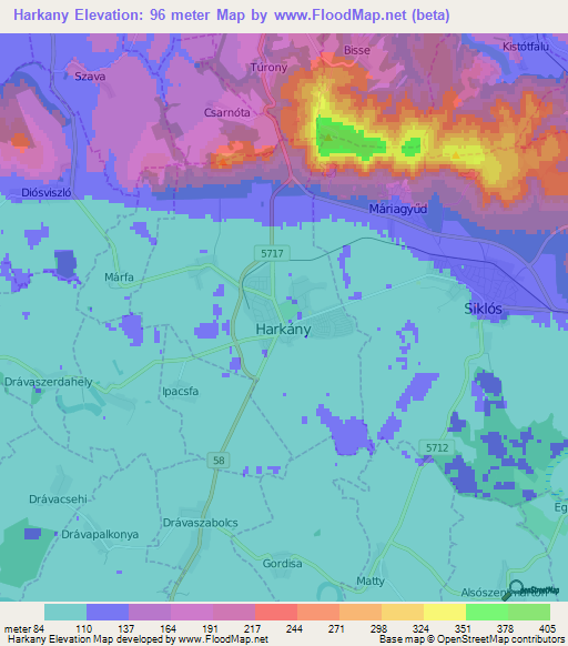 Harkany,Hungary Elevation Map
