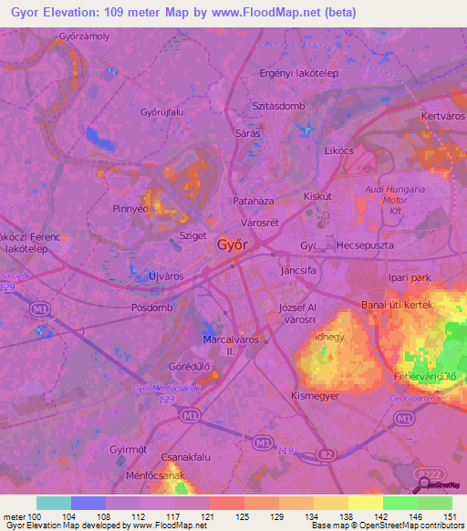 Gyor,Hungary Elevation Map