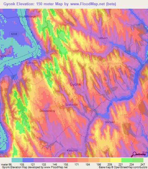 Gyonk,Hungary Elevation Map