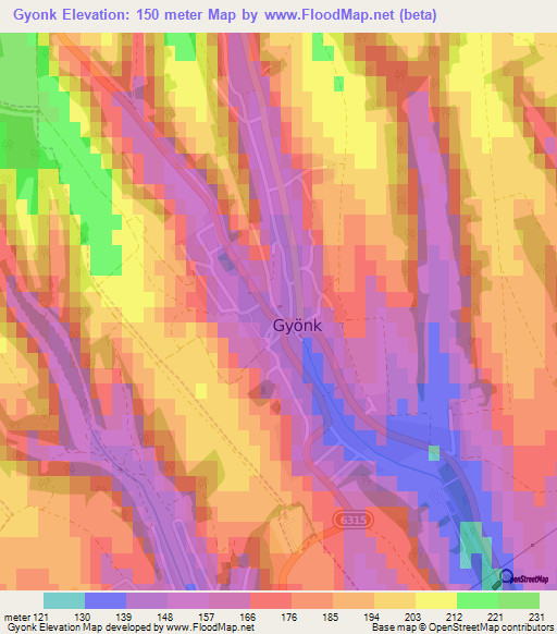 Gyonk,Hungary Elevation Map