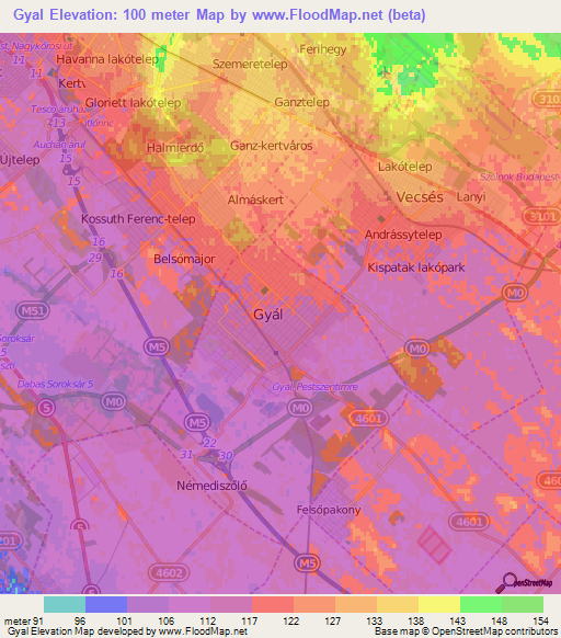 Gyal,Hungary Elevation Map