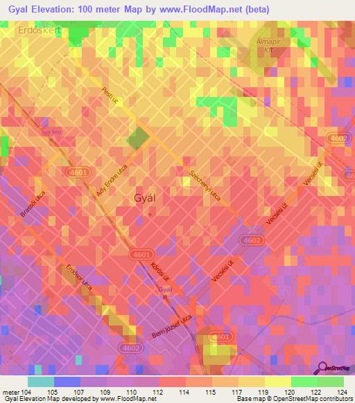 Gyal,Hungary Elevation Map