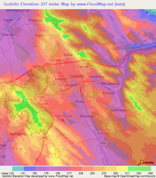 Godollo,Hungary Elevation Map