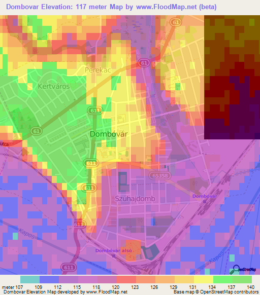 Dombovar,Hungary Elevation Map