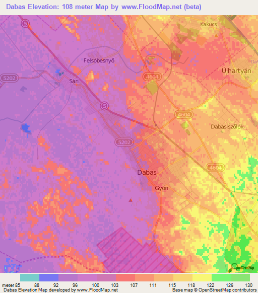 Dabas,Hungary Elevation Map