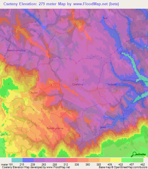 Cseteny,Hungary Elevation Map