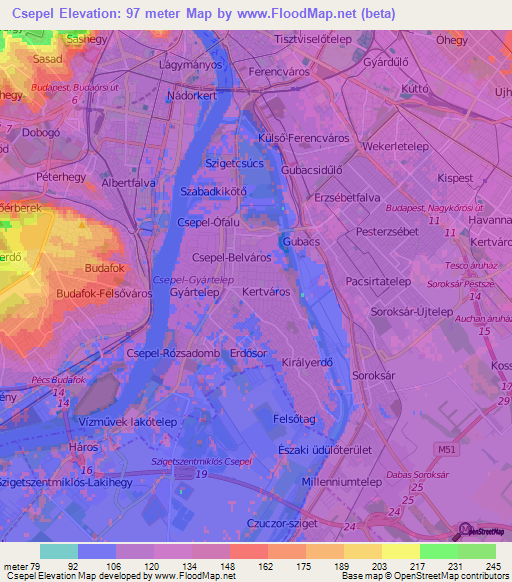 Csepel,Hungary Elevation Map