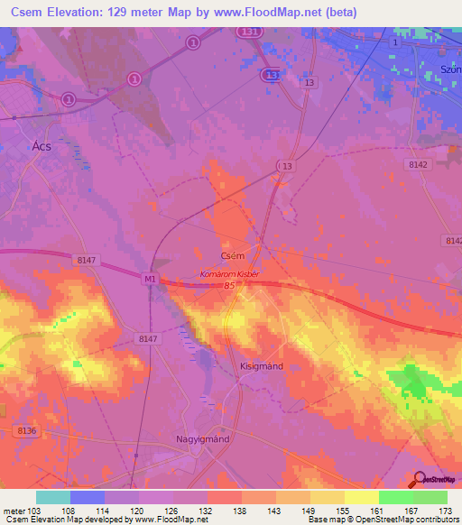 Csem,Hungary Elevation Map