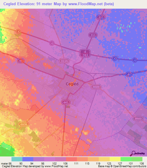 Cegled,Hungary Elevation Map