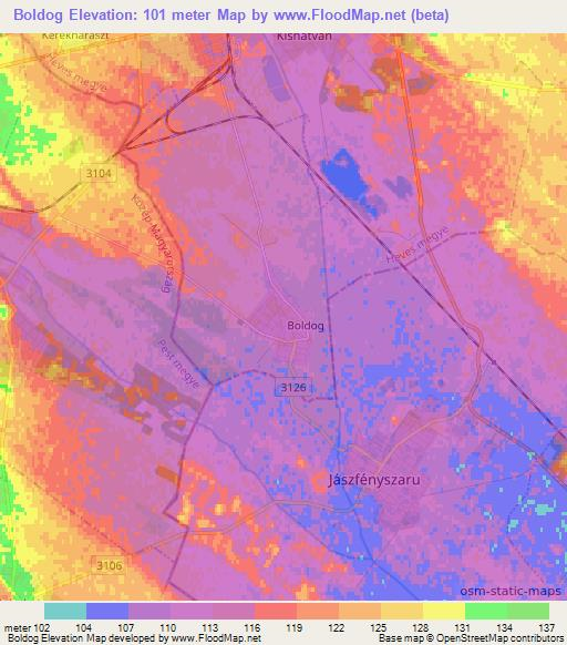 Boldog,Hungary Elevation Map