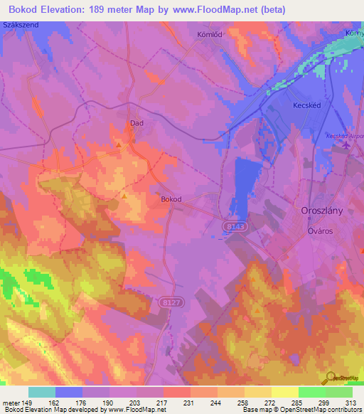 Bokod,Hungary Elevation Map