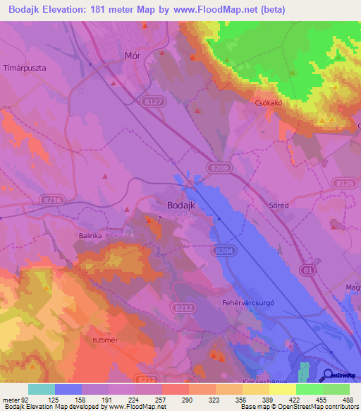 Bodajk,Hungary Elevation Map