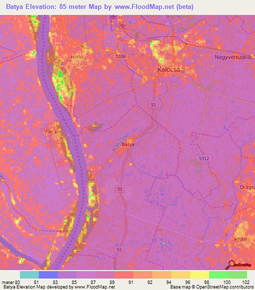 Batya,Hungary Elevation Map