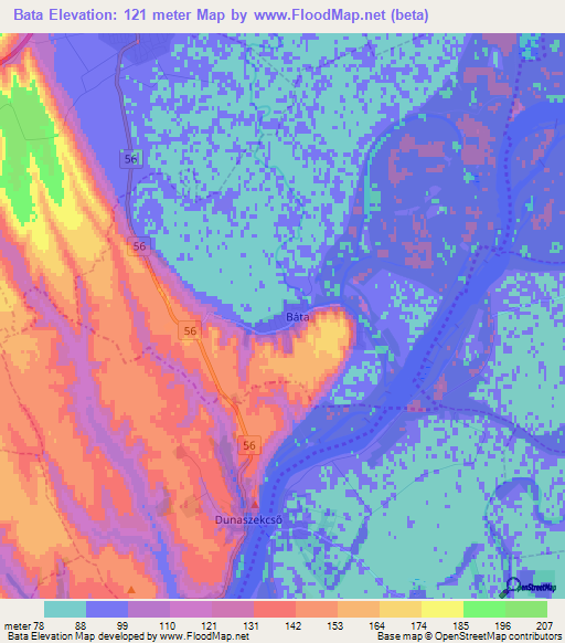 Bata,Hungary Elevation Map