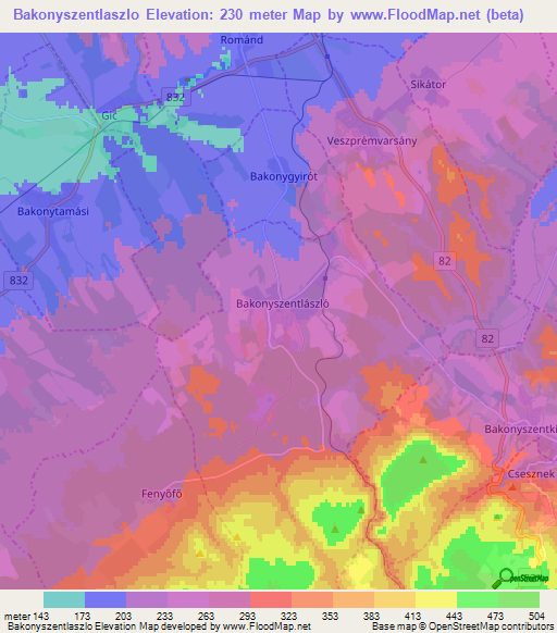 Bakonyszentlaszlo,Hungary Elevation Map