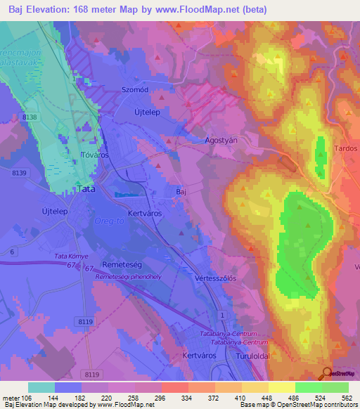 Baj,Hungary Elevation Map