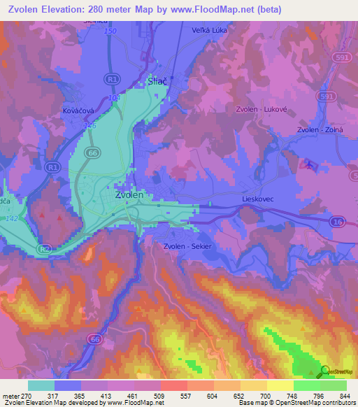 Zvolen,Slovakia Elevation Map