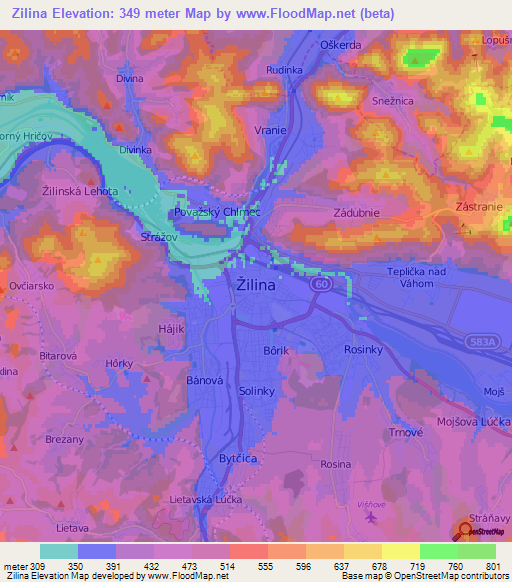 Zilina,Slovakia Elevation Map