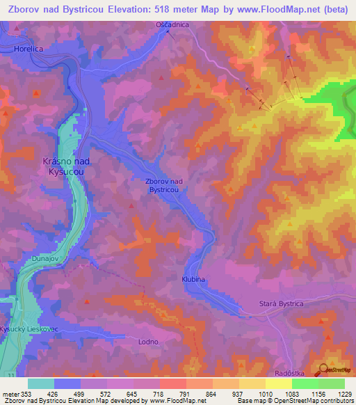 Zborov nad Bystricou,Slovakia Elevation Map