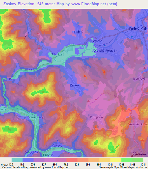 Zaskov,Slovakia Elevation Map