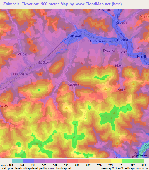 Zakopcie,Slovakia Elevation Map