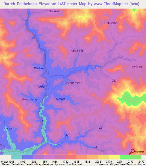 Darreh Panbehdan,Iran Elevation Map